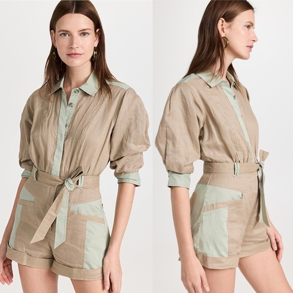 Jonathan Simkhai Aliza poplin-trimmed belted linen utility romper playsuit US 4